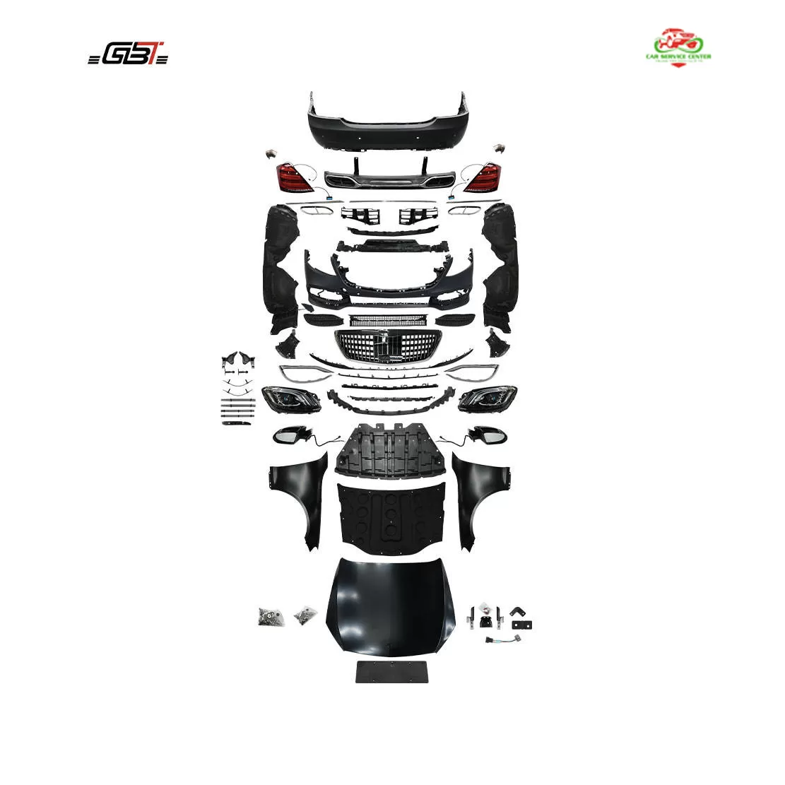 Bộ bodykit hoàn chỉnh mẫu MBH nâng cấp Mercedes W221 lên W222 – bao gồm cản trước, lưới tản nhiệt, chắn bùn và các phụ kiện cho Mercedes Benz S Class W221 (2006–2012)