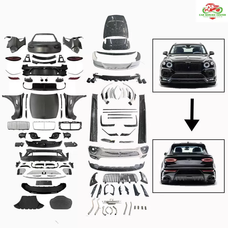 Body kit Bentayga đời 2016–2019, nâng cấp lên kiểu dáng 2020 bằng sợi carbon khô, gồm cản, nắp capo, ốp vè