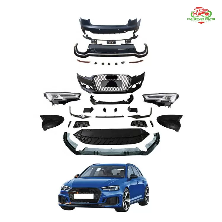 Cản trước RS4 chất liệu PP cao cấp, cản trước ô tô đã được chỉnh sửa kèm lưới tản nhiệt và lip trước, body kit cho Audi A4/S4 B9 đời 2017–2019